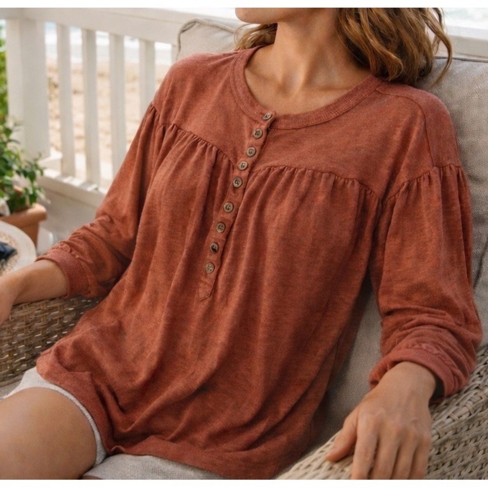 NWT Urban Outfitters Out From Under Yoke Henley Long Sleeve Shirt Terracotta XS
